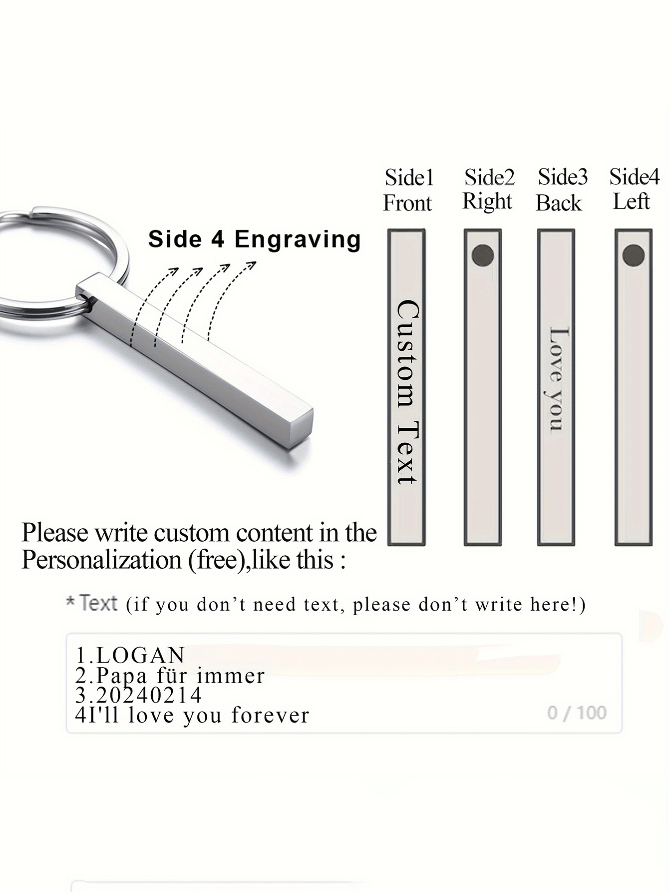 Personalized Text Square Pillar Keychain